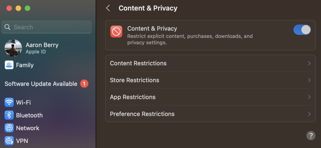 Turn on Content & Privacy so you can learn how to whitelist a websitel