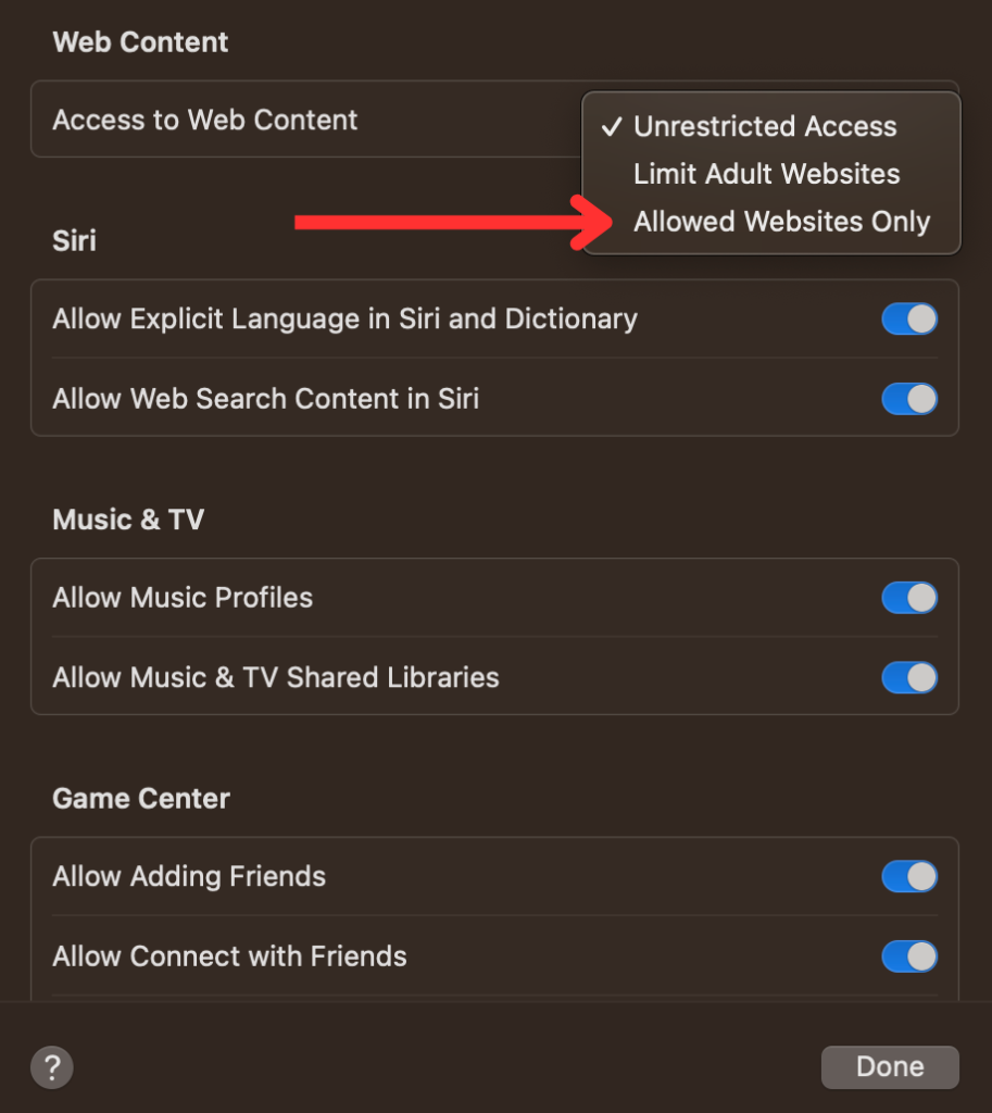 Enable Allowed Websites Only to whitelist websites.