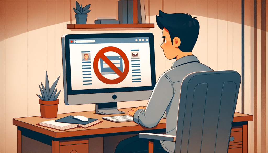 Illustration depicting a user having a website get blocked because he didn't know how to whitelist a website.