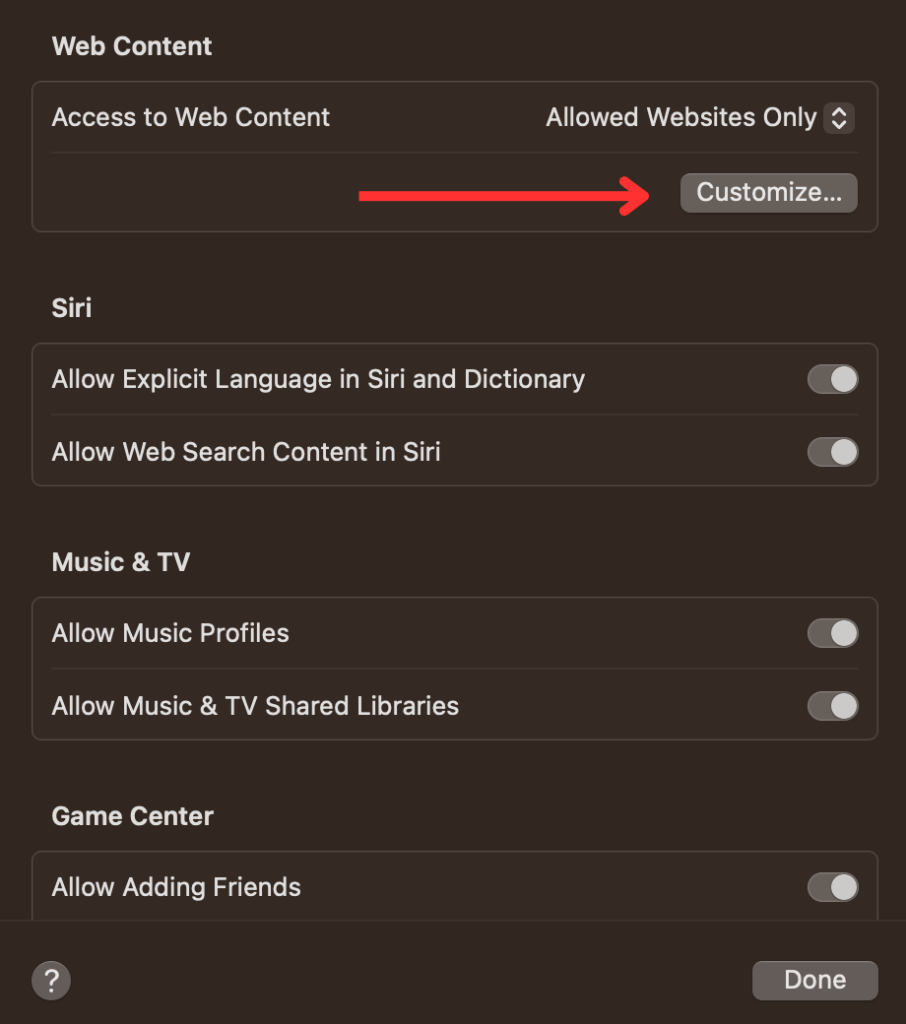 Click on customize to set the URLs to whitelist.