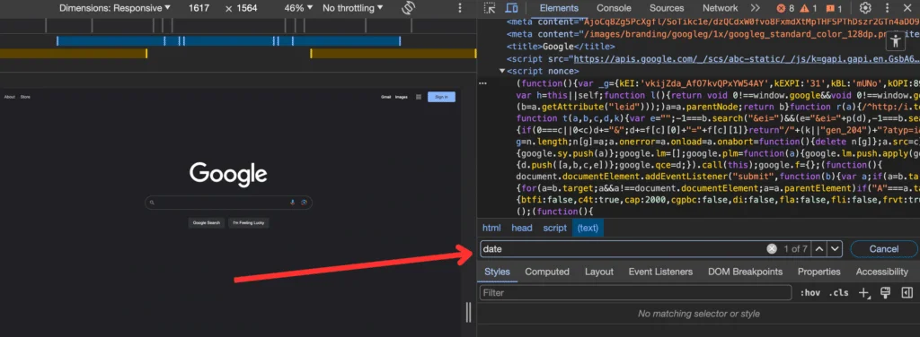 Screenshot of using the find function to search for the date.