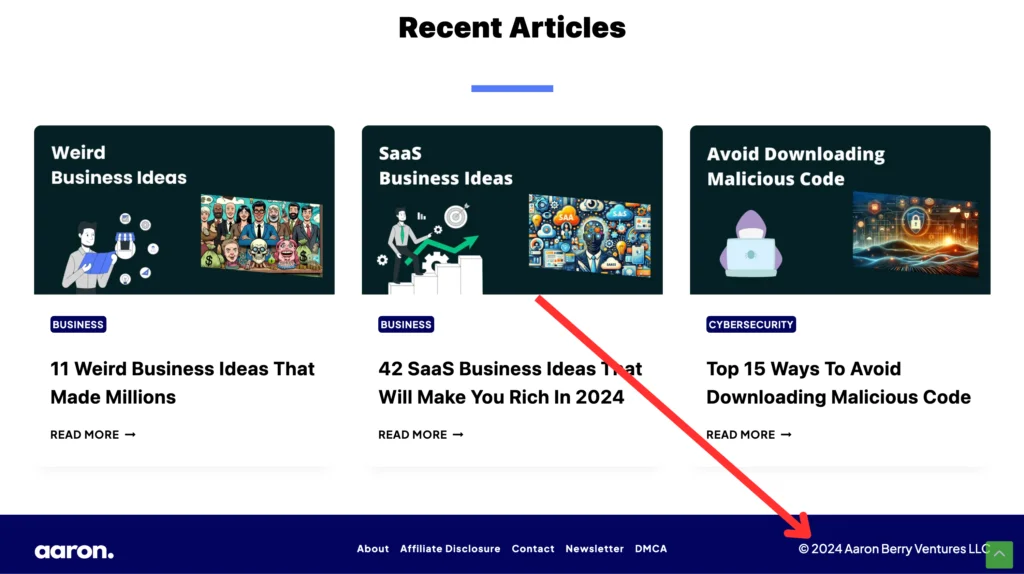 Screenshot of a website's footer with the year and copyright.