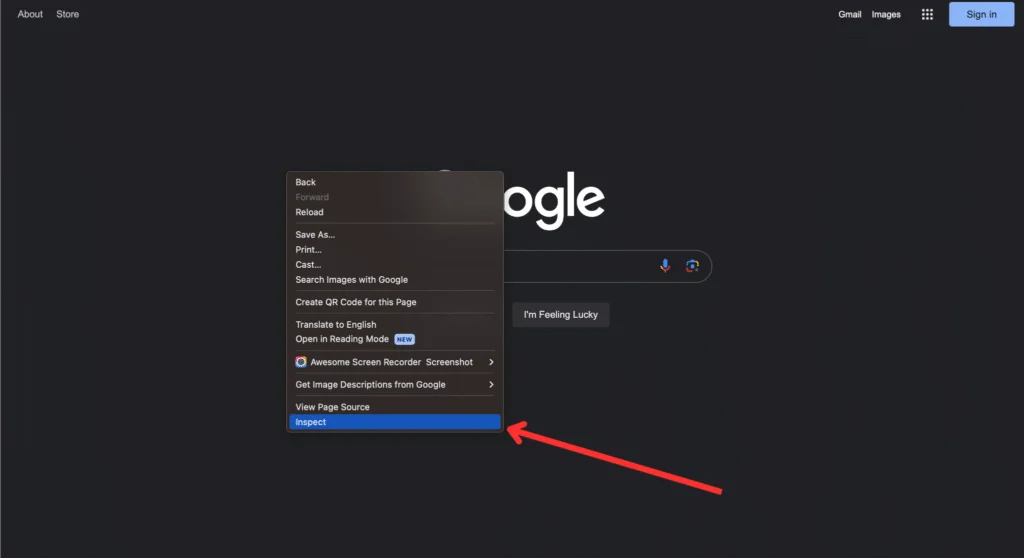Screenshot of right-click on a webpage and then clicking on the inspect option.