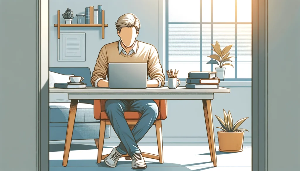 An inquisitive person sitting at a desk, deeply engaged in finding out how to find when a website was published, as they work on their laptop surrounded by books, a cup of coffee, and a small potted plant in a well-lit room.