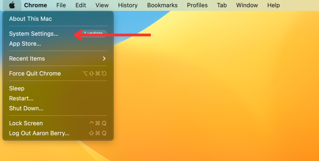 Screenshot of where to find System Settings on a mac which teaches you how to whitelist a website.