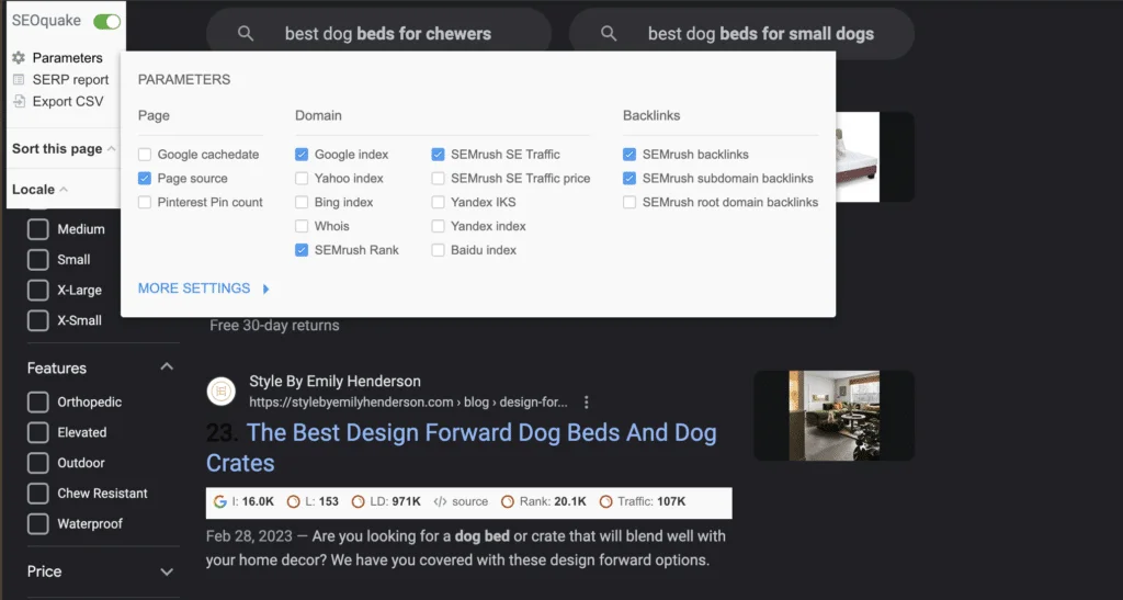 Screenshot of SEOquake being used for a search result.
