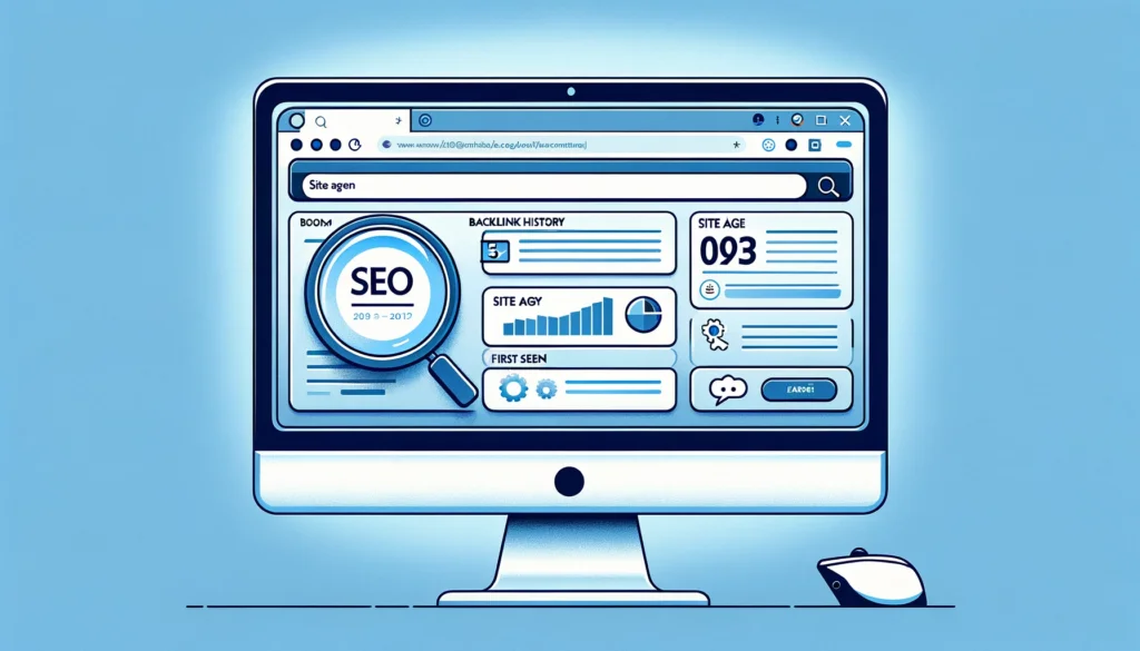An illustration of a computer screen displaying an SEO tool interface with search terms 'backlink history', 'site age', and 'first seen' highlighted, representing the process of finding out how to find when a website was published.