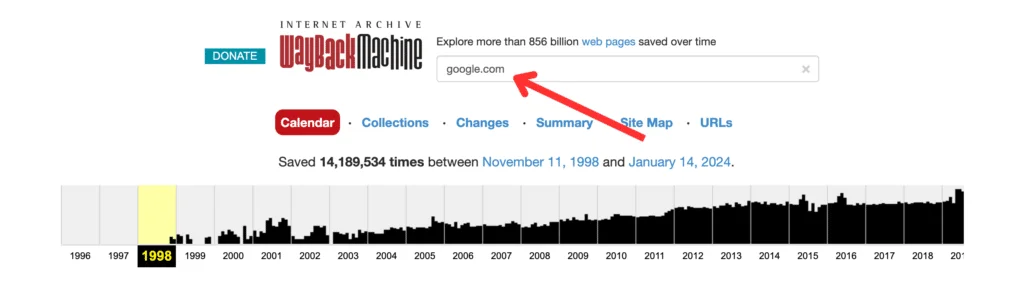 Screenshot of the Wayback Machine and where to search for website's history.