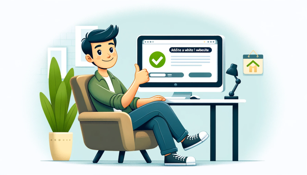 An individual comfortably seated at a home office desk, cheerfully whitelisting a website on their computer, symbolized by a green checkmark on the screen, highlighting the ease of managing web access.